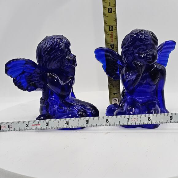 Vintage Cobalt Blue Glass Angel Candlestick Holders Angel on Knees Figurines - Picture 8 of 8